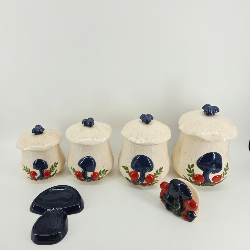 Arnels Mushroom Ceramic Canister Set 6pc Retro Vintage 1970s Decor Boho Kitsch